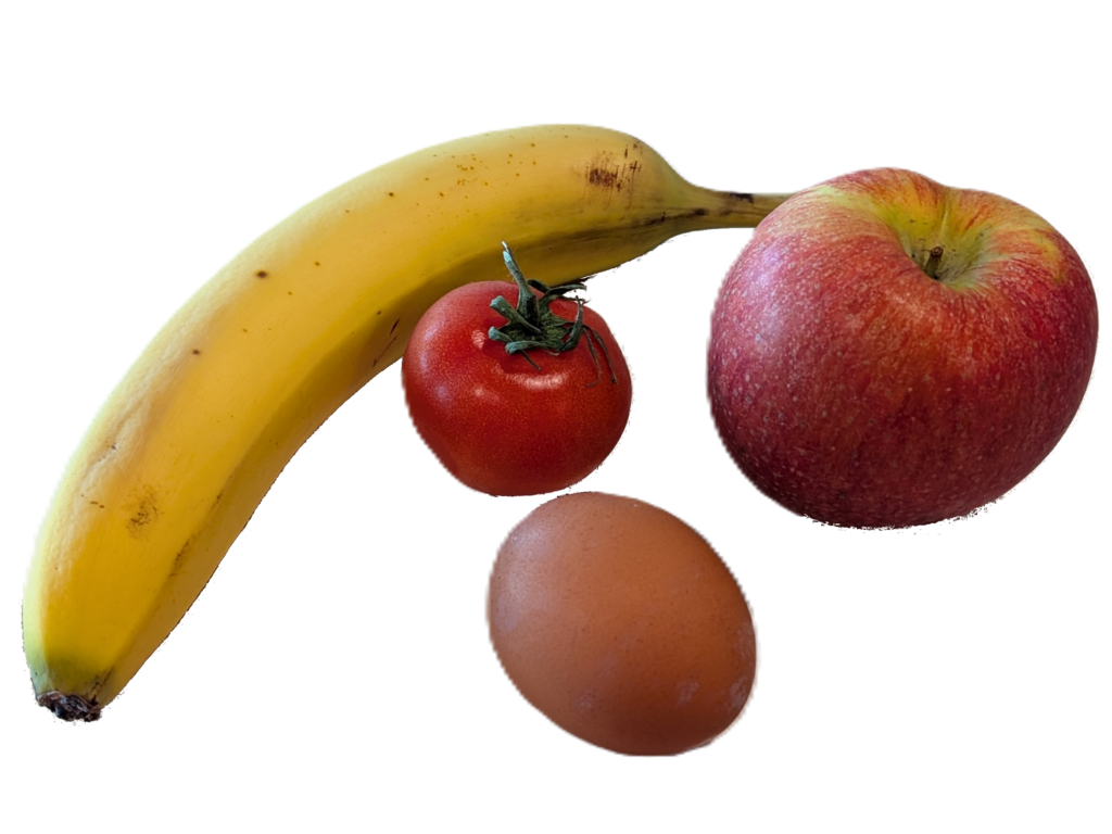Apple, Banana, Tomato, Egg